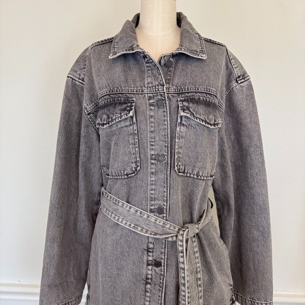 GAP‎ Gray Washed Belted Denim Utility Shirt Shaket Jacket Size M Tall - Picture 5 of 13